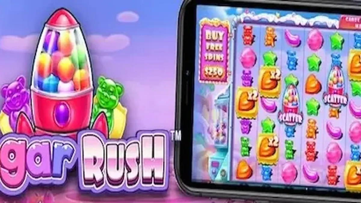 Tampilan visual ceria dari permainan slot Sugar Rush dengan tema permen.