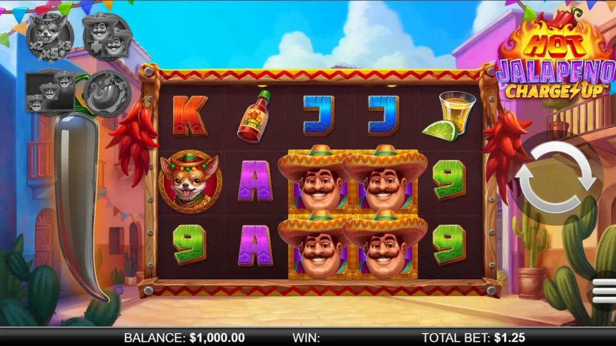 Tampilan visual slot Hot Jalapeño Charge Up dengan tema festival Meksiko