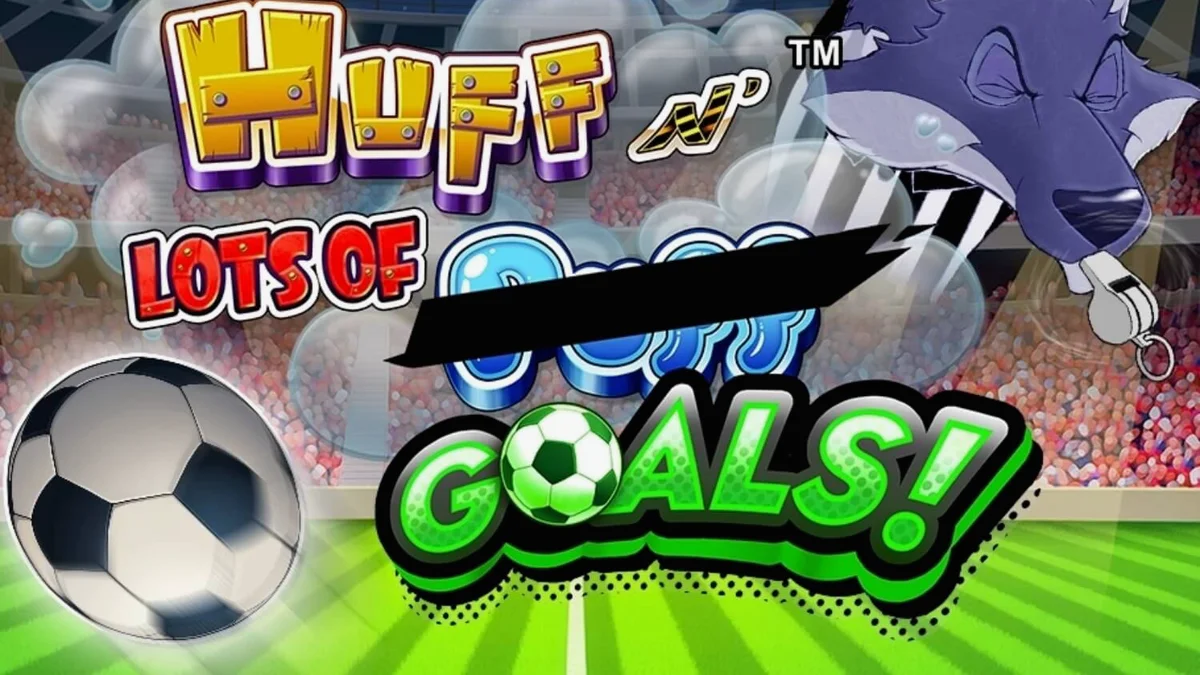 Tiga babi kecil dalam seragam sepak bola di lapangan stadion dalam slot Huff N’ Lots of Goals